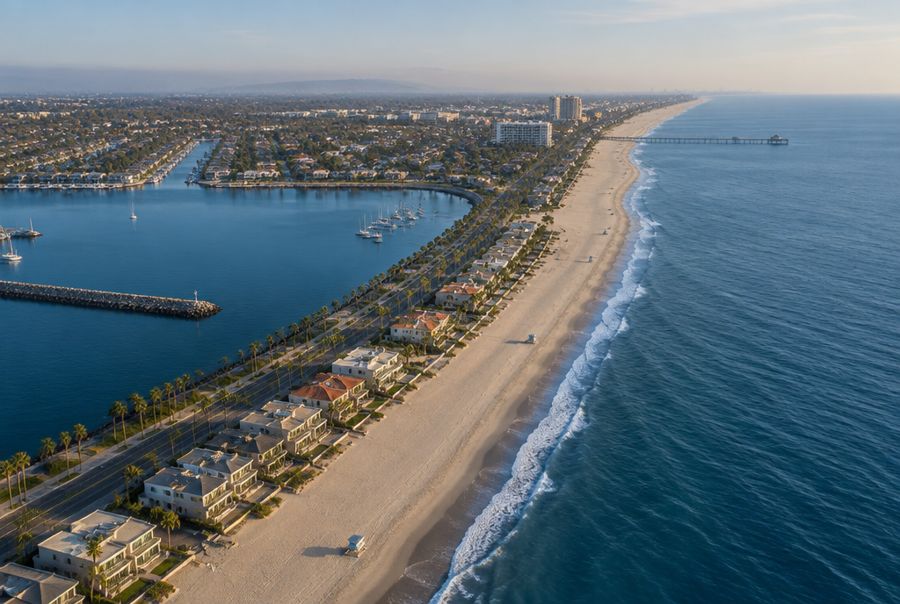 Aerial view of a Southern California shoreline with beach homes and a harbor